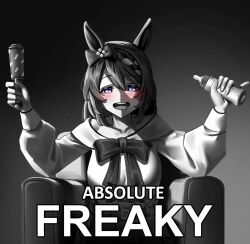  1girl absolute_cinema_(meme) animal_ears baby_bottle blue_eyes blush bottle braid commentary greyscale holding holding_bottle holding_rattle horse_ears horse_girl long_hair long_sleeves looking_at_viewer manjo_(warito) meme monochrome open_mouth rattle ribbon shirt sitting solo spot_color super_creek_(umamusume) umamusume 