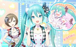  &gt;_&lt; 3girls :d ^_^ aqua_hair blurry blurry_background blush brown_hair closed_eyes collar colorful_palette detached_collar dress frilled_dress frills game_cg hair_between_eyes hair_ornament hairband hatsune_miku heart highres idol_clothes long_hair looking_at_viewer medium_hair megurine_luka meiko_(vocaloid) more_more_jump!_luka more_more_jump!_meiko more_more_jump!_miku multiple_girls official_art open_mouth pink_hair project_sekai smile speech_bubble sweatdrop third-party_source thought_bubble tickling tongue tsunagu_painful_hope_(project_sekai) vocaloid white_collar white_dress white_hairband 