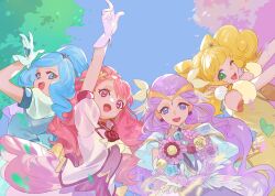  4girls absurdres blonde_hair blue_eyes blue_hair blue_sky blue_vest choker commentary_request cone_hair_bun cure_earth cure_fontaine cure_grace cure_sparkle dress earrings flower forest fuurin_asumi gloves green_eyes hair_bun hair_ornament hanadera_nodoka head_wings healin&#039;_good_precure heart heart_hair_ornament highres hiramitsu_hinata jewelry leaf_earrings magical_girl multiple_girls nature one_eye_closed open_mouth pink_choker pink_eyes pink_hair pom_pom_(clothes) pom_pom_earrings precure purple_eyes purple_hair sawaizumi_chiyu shipu_(gassyumaron) sky smile split_ponytail tiara tree vest white_gloves wings yellow_choker yellow_vest 