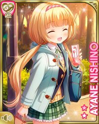  1girl :d blonde_hair blue_jacket card character_name closed_eyes coat day earbuds earphones forest girlfriend_(kari) green_neckwear green_skirt headband jacket nature nishino_ayane official_art open_mouth outdoors plaid_clothes plaid_skirt qp:flapper red_eyes school_uniform shirt skirt smile standing sunset tagme twintails white_coat white_shirt winter_clothes winter_coat 