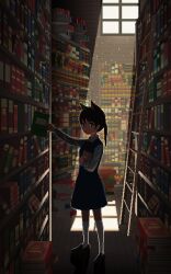  1girl :o absurdres animal_ears backlighting black_dress book book_stack bookshelf cat_ears dark dress hair_ornament hairclip highres holding holding_book indoors kneehighs ladder library light_particles long_sleeves original pinafore_dress pixel_art ponytail shoes sleeveless sleeveless_dress socks solo standing tonbo_(abcm25ne) wooden_floor 