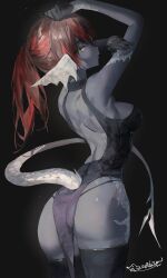  1girl absurdres arms_up ass au_ra bare_shoulders black_background black_dress black_gloves black_thighhighs breasts colored_skin dragon_girl dragon_horns dragon_tail dress final_fantasy final_fantasy_xiv from_behind gloves green_eyes grey_skin highres horns large_breasts long_hair looking_at_viewer looking_back parted_lips ponytail red_hair shikina_(mochigushi_) signature simple_background solo tail thighhighs warrior_of_light_(ff14) white_horns white_scales white_tail 