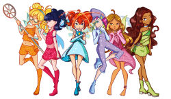  6+girls aged_down ahoge aisha_(winx_club) ankle_boots anklet aqua_eyes armband armlet asymmetrical_hair barefoot bespectacled blonde_hair blonde_streaks bloom_(winx_club) blue-framed_eyewear blue_boots blue_dress blue_eyes blue_hair blue_headband blunt_bangs boots bracelet brown_eyes brown_hair capri_pants child choker commentary dark-skinned_female dark_skin dress english_commentary fairy fairy_wings fire flora_(winx_club) formal_clothes from_side gem glasses glitter gold_tiara green_boots green_choker green_eyes green_gemstone green_shirt green_shorts green_skirt hair_between_eyes headband helmet high_heel_boots high_heels holding holding_staff jewelry knee_boots knees_together_feet_apart long_hair long_sleeves looking_at_viewer looking_to_the_side medium_hair midriff multicolored_hair multiple_girls musa_(winx_club) navel o-ring off-shoulder_dress off_shoulder orange_boots orange_shorts pants parted_bangs pink_dress pink_hair purple_armband purple_boots purple_helmet purple_suit red_boots red_hair red_shirt red_skirt red_streaks see-through_clothes see-through_midriff shirt short_hair short_twintails shorts silver_armlet silver_bracelet silver_choker simple_background single-shoulder_shirt skirt skort sleeves_past_wrists sparkling_clothes sparks staff standing standing_on_one_leg stella_(winx_club) streaked_hair suit tecna_(winx_club) three_quarter_view tiara twintails two-tone_hair two_side_up white_background wings winx_club x_arms y2k_fashion yellow_gemstone yukoihime 
