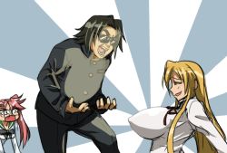  1boy 2girls animated black_hair blonde_hair breast_envy breasts closed_eyes covered_erect_nipples fang fat fat_man gakuran gangnam_style glasses glowing gyronny highschool_of_the_dead hirano_kouta_(hsotd) huge_breasts impossible_clothes impossible_shirt marikawa_shizuka matsu-sensei multiple_girls netorare open_mouth pink_hair profile ribbon school_uniform serafuku shirt shouting sunburst sunglasses takagi_saya twintails unworn_eyewear  rating:Questionable score:52 user:MKz