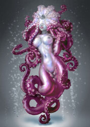  1girl arm_up beak breasts bubble colored_nipples colored_skin commentary_request completely_nude covered_eyes full_body gradient_background gradient_skin grey_background grey_beak grey_nipples highres impasto making-of_available medium_breasts monster_girl multicolored_skin navel nude original pussy red_skin scylla shimada_gousuke shiny_skin solo stomach suction_cups tentacle_arm tentacle_hair tentacles underwater white_skin wide_hips 