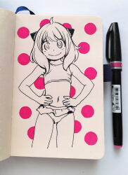  1girl ahoge anya_(spy_x_family) bikini closed_mouth cone_hair_bun cowboy_shot female_focus flat_chest hair_bun hands_on_own_hips highres looking_at_viewer medium_hair midriff monochrome navel sketch smile solo spy_x_family swimsuit thighs traditional_media ultratesla 