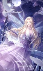  1girl artist_request bare_shoulders bead_necklace beads bird blonde_hair blue_wings book breasts castle cleavage cloud crescent_print dove dress earrings elbow_gloves elf fairy_wings feather_hair_ornament feathers feet_out_of_frame flower flower_necklace full_moon game_cg gloves gown gradient_gloves green_eyes hair_ornament hairband highres jewelry lake lamppost lips long_hair looking_at_animal moon moonset_song_(shining_nikki) motion_blur musical_note musical_staff necklace night night_sky nikki_(series) official_art open_book ophelia_(shining_nikki) outdoors outstretched_hand parted_lips pink_lips pointy_ears purple_dress purple_flower purple_gloves purple_hairband railing sheet_music shining_nikki sky smile solo standing star_(sky) star_(symbol) star_print starry_sky strapless strapless_dress very_long_hair wings 