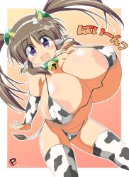  1girl areola_slip breasts covered_erect_nipples cow_print cow_print_bikini huge_breasts minori_(senran_kagura) oppai_loli prime_gmx print_bikini senran_kagura solo 