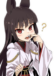1girl ? animal_ears asanagi azur_lane black_hair blunt_bangs extra_ears eyebrows eyelashes eyeliner fangs female_focus finger_in_own_mouth fingernails fox_ears hand_up hands_up haori highres japanese_clothes lips long_fingernails long_hair long_sleeves looking_at_viewer makeup mouth_pull nagato_(azur_lane) nagato_(old_design)_(azur_lane) open_mouth pink_lips pink_pupils raised_eyebrow red_eyes saliva simple_background solo straight_hair teeth tongue tsurime turtleneck upper_body white_background wide_sleeves rating:Sensitive score:118 user:danbooru