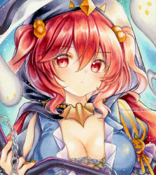  1girl alternate_costume black_cape blue_dress blush breasts cape chain cleavage closed_mouth commentary dress hair_bobbles hair_ornament halloween_costume holding holding_scythe hood hood_up hooded_cape jack-o&#039;-lantern large_breasts long_hair nekofish666 onozuka_komachi orange_nails red_cape red_eyes red_hair scythe solo touhou traditional_media twitter_username two-sided_cape two-sided_fabric two_side_up 