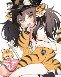  1girl :d animal_ears animal_print bare_shoulders black_choker black_hair black_headwear bone byulzzi choker ears_through_headwear fang hand_up jacket long_hair long_sleeves looking_at_viewer no_bra off_shoulder open_clothes open_jacket open_mouth orange_jacket original smile solo tail thighs tiger tiger_ears tiger_print tiger_tail twintails v-shaped_eyebrows whistle whistle_around_neck yellow_eyes  rating:Sensitive score:2 user:danbooru