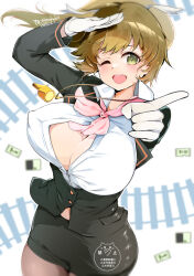  1girl ascot black_pantyhose blush breasts brown_hair commentary covered_erect_nipples formal_clothes gloves green_eyes kinako_(mzknk0) large_breasts long_hair motochika_(senran_kagura) no_bra one_eye_closed open_clothes open_mouth open_shirt pantyhose pencil_skirt pink_ascot pointing ponytail railroad_tracks salute senran_kagura senran_kagura_new_wave skirt smile solo suit train train_attendant travel_attendant white_gloves 