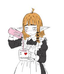  1girl ahoge apron black_dress blood blood_on_face blunt_bangs blunt_ends can coffee_mug collar commentary cowboy_shot cup cuts dress elf empty_eyes freckles frilled_apron frills frown holding holding_can holding_cup injury jaggy_lines jitome logo looking_at_food maid maid_apron medium_hair monster_energy mug mug_writing netochka orange_hair original pink_liquid pointy_ears pouring sad simple_background solo stuffbecauseidk three_quarter_view transparent_background white_collar 