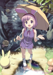 1girl absurdres animal_ears dress female_focus forest hairband highres koutaro mushroom nature original panties pantyshot pantyshot_through_reflection pink_hair puddle purple_skirt rabbit rabbit_ears reflection skirt sleeveless solo umbrella underwear upskirt urara_(koutaro) wrist_cuffs rating:Sensitive score:13 user:danbooru