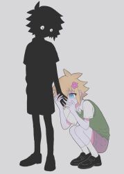  2boys antenna_hair basil_(faraway)_(omori) basil_(omori) black_hair black_shirt black_shoes black_shorts black_skin blonde_hair blue_eyes brown_shorts collared_shirt colored_skin dual_persona flower green_sweater_vest grey_background hair_flower hair_ornament hand_grab highres loafers looking_at_another male_focus multiple_boys omori saji_neko shirt shoes short_sleeves shorts simple_background socks squatting stranger_(omori) sweater_vest white_eyes white_shirt white_socks 
