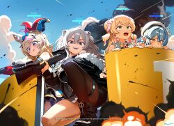 4girls absurdres animal_ears black_jacket blonde_hair blue_hair breasts brown_pantyhose clenched_teeth closed_mouth detached_sleeves english_text fangs green_eyes grey_eyes grey_hair gun hepari highres holding holding_gun holding_weapon hololive jacket large_breasts lion_ears lion_girl long_sleeves looking_at_viewer momosuzu_nene multicolored_hair multiple_girls omaru_polka open_mouth pantyhose pink_hair pointy_ears purple_eyes shishiro_botan short_hair single_leg_pantyhose streaked_hair sweatdrop teeth the_finals tongue tongue_out upper_teeth_only virtual_youtuber weapon yukihana_lamy