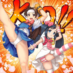  2girls :d absurdres agira blue_shirt blue_skirt blush_stickers bow brown_eyes brown_gloves brown_hair feet_out_of_frame fighting_stance flat_chest gloves headband high_kick highres justice_gakuen k.o. karuizawa_momo kicking leg_up loli looking_at_viewer multiple_girls open_mouth panties pantyshot pink_bow pink_panties pink_petals school_uniform shirt short_hair short_sleeves skirt smile spread_legs standing striped_clothes striped_panties striped_thighhighs taiyou_gakuen_uniform thighhighs twintails underwear wakaba_hinata white_headband white_panties 