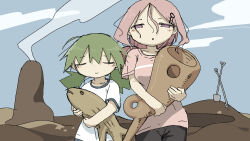  2girls closed_eyes closed_mouth fish green_hair hair_between_eyes highres holding long_hair low_twintails mogawa_(shimeji_simulation) multiple_girls pink_eyes pink_hair pink_shirt shimeji_simulation shirt short_sleeves shovel smile sumida_(shimeji_simulation) tsukumizu_yuu twintails white_shirt 