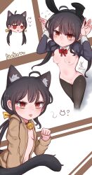  1girl absurdres ahoge animal_ears bell belly black_hair blush breasts cat_ears cat_girl cat_tail chibi collar female_focus highres loli meme_attire navel ndawjaidee nervous nipples panels pussy rabbit_ears rabbit_pose red_eyes red_ribbon reverse_bunnysuit reverse_outfit ribbon ribs small_breasts solo solo_focus sweater tail tongue tongue_out twintails yellow_ribbon  rating:Explicit score:14 user:NDawJaidee