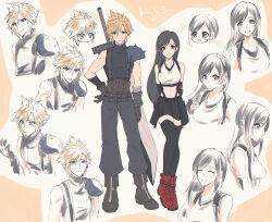  1boy 1girl absurdres armor arms_behind_back baggy_pants bare_shoulders belt black_gloves black_hair black_skirt black_sports_bra black_thighhighs blonde_hair blue_eyes blush boots brown_boots brown_gloves buster_sword closed_eyes closed_mouth cloud_strife collarbone commentary_request crop_top cropped_torso earrings elbow_gloves fighting_stance final_fantasy final_fantasy_vii final_fantasy_vii_remake full_body gloves hair_between_eyes hand_on_own_hip height_difference highres huge_weapon jewelry long_hair looking_at_viewer midriff mizuamememe multiple_belts multiple_expressions multiple_views navel open_mouth pants red_boots red_eyes ribbed_sweater sad short_hair shoulder_armor single_bare_shoulder single_earring skirt sleeveless sleeveless_turtleneck smile spiked_hair sports_bra standing straight-on suspender_skirt suspenders sweater tank_top tears thighhighs tifa_lockhart turtleneck turtleneck_sweater upper_body weapon white_tank_top zettai_ryouiki 