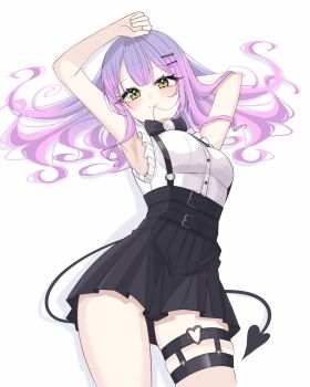  1girl arm_behind_head armpits arms_up black_bow black_bowtie black_skirt bow bowtie breasts center-flap_bangs closed_mouth collared_shirt colored_inner_hair commentary demon_girl demon_tail double-parted_bangs dreamoon frilled_shirt frills gradient_hair green_eyes hair_in_own_mouth hair_ornament hairclip heart heart_o-ring high-waist_skirt highres hololive jirai_kei long_hair lying medium_breasts miniskirt multicolored_hair o-ring o-ring_thigh_strap official_alternate_costume official_alternate_hairstyle on_back parallel_hairclips pink_hair pleated_skirt pom_pom_(clothes) purple_hair revision shirt shirt_tucked_in simple_background skirt sleeveless sleeveless_shirt smile solo suspender_skirt suspenders tail thigh_strap tokoyami_towa tokoyami_towa_(jirai_kei) virtual_youtuber white_background white_shirt x_hair_ornament 