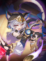  1girl absurdres animal_ears animal_hood belt black_gloves black_leotard blue_eyes boots breasts cat_ears cat_girl cat_hood cat_tail chinese_commentary cipher_(honkai:_star_rail) cleavage commentary_request fingerless_gloves gem gloves gold_boots grey_hair highres honkai:_star_rail honkai_(series) hood leotard m78_zaitaoaotezhanshi medium_breasts mole mole_on_breast short_hair_with_long_locks solo tail thigh_belt thigh_strap thighs yellow_nails 