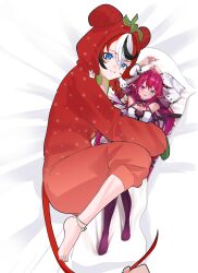 1girl absurdres anklet barefoot black_streaks blue_eyes daaku_(koizumi_arata) dakimakura_(object) feet hakos_baelz hakos_baelz_(5th_costume) highres hololive hololive_english hugging_object irys_(hololive) jewelry looking_at_viewer mouse_girl mouse_tail official_alternate_costume onesie pajamas pillow pillow_hug red_hair red_pajamas solo tail virtual_youtuber white_hair