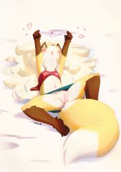  1girl :o aas_(pixiv_3382255) absurdres animal_ears anus artist_name blonde_hair blush bow bow_panties cleft_of_venus clothes_lift denim denim_skirt drooling feet female_focus fox fox_ears fox_girl fox_tail full_body furry heart highres holding holding_panties holding_underwear holding_unworn_clothes huge_filesize loli lying midriff on_back open_mouth original panties pawpads pussy pussy_juice shirt_lift skirt solo spread_legs tail uncensored underwear yellow_fur  rating:Explicit score:256 user:Chaoticly