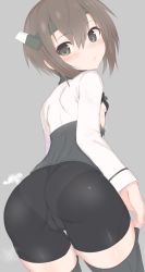  10s 1girl arms_at_sides ass bike_shorts black_thighhighs blush breasts brown_eyes brown_hair cowboy_shot female_focus from_behind hair_between_eyes hairband headgear highres kantai_collection leaning_forward looking_at_viewer makabe_gorou matching_hair/eyes muneate panties_under_bike_shorts short_hair sideboob small_breasts solo taihou_(kancolle) thighhighs thighs  rating:Sensitive score:67 user:danbooru