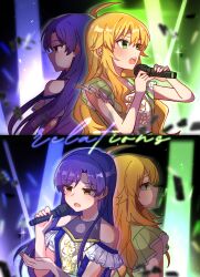  2girls absurdres ahoge back-to-back blonde_hair blue_hair brown_eyes chiwawa174 closed_mouth dress green_eyes highres holding holding_microphone hoshii_miki idolmaster idolmaster_(classic) kisaragi_chihaya long_hair microphone multiple_girls multiple_views music open_mouth singing sleeveless stage_lights upper_body 