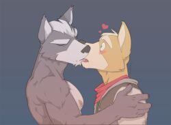  2boys animal_ears biceps blush brown_fur closed_eyes commentary english_commentary fox_boy fox_ears fox_mccloud furry furry_male grey_background grey_fur hand_on_another&#039;s_shoulder heart imminent_kiss looking_at_another male_focus multiple_boys muscular muscular_male nintendo nipples open_mouth pectorals red_scarf scarf star_fox superslickslasher topless_male wolf_boy wolf_ears wolf_o&#039;donnell yaoi 