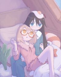  2girls :o bed black_hair blonde_hair blue_eyes blue_pajamas cuddling egg food food_on_head fried_egg highres holding_another&#039;s_arm indoors long_hair morning multiple_girls object_on_head on_bed orange_eyes pajamas pillow pink_pajamas red-framed_eyewear self-upload shimeji_simulation short_hair skylight sleepy soaphisoap stuffed_animal stuffed_toy tsukishima_shijima window yamashita_majime 