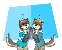  2boys ahoge animal_ears bad_apple!! blue_hoodie brown_pants character_request closed_mouth commentary doingmorenatsu english_commentary furry furry_male highres holding_hands hood hood_down hoodie looking_at_viewer male_focus morenatsu multiple_boys nanafuse_(morenatsu) open_mouth pants shun_kodori smile tail touhou wolf_boy wolf_ears wolf_tail 