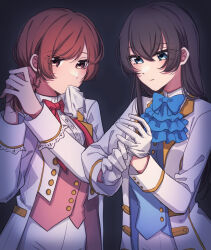  2girls adjusting_clothes adjusting_gloves aijou_karen ascot blue_ascot blue_bow blue_bowtie blue_hair blue_vest bow bowtie brown_eyes brown_hair buttons closed_mouth collared_jacket commentary_request dark_background eyes_visible_through_hair frilled_sleeves frills glove_in_mouth gloves hair_between_eyes hair_down hands_up highres hirake_goma holding holding_own_hair jacket kagura_hikari lapels long_hair long_sleeves looking_down looking_to_the_side mouth_hold multiple_girls notched_lapels official_alternate_costume open_clothes open_jacket pants red_bow red_bowtie red_vest short_hair shoujo_kageki_revue_starlight side-by-side tying_hair upper_body vest waistcoat white_gloves white_jacket white_pants 