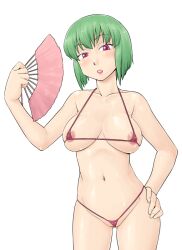  1girl areola_slip artist_request bare_arms bare_shoulders bikini breasts check_artist cleavage covered_erect_nipples cowboy_shot fingernails folding_fan futaba_channel gluteal_fold green_hair groin hand_fan hand_on_own_hip hand_up hinemosu_notari holding holding_fan large_breasts legs_apart micro_bikini navel nijiura_maids parted_lips pink_eyes pink_lips red_bikini shibai short_hair simple_background solo standing swimsuit third-party_source underboob white_background 