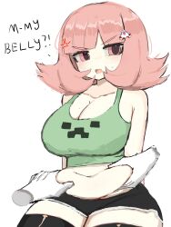  1girl anger_vein belly_grab black_shorts black_thighhighs breasts brown_hair cleavage creeper danganronpa_(series) danganronpa_2:_goodbye_despair flipped_hair galaga green_shirt hair_ornament highres large_breasts looking_at_viewer m3link medium_hair minecraft mole mole_on_breast nanami_chiaki navel plump shirt shorts slightly_chubby_female solo spaceship_hair_ornament thighhighs 