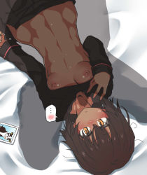1boy 1girl abs bed_sheet black_skirt blush breasts brown_hair closed_mouth dark_skin eyelashes hair_between_eyes highres iggy_(jojo) kagari_rukako long_sleeves masturbation medium_breasts nipples open_clothes original oteruko_(wanabeee) penis penis_awe penis_silhouette photo_(object) precum school_uniform serafuku silhouette skirt speech_bubble surprised sweatdrop undressing yellow_eyes rating:Explicit score:50 user:Platyvyujz