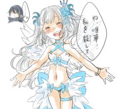  1boy 1girl bikini black_hair blue_bikini blue_flower blush chibi chibi_inset closed_eyes commentary_request cowboy_shot feather_trim feathered_wings flower grey_hair hair_flower hair_ornament hair_tie long_hair meiko_(nattu303) mismatched_bikini open_mouth ragnarok_online simple_background smile solo_focus sorcerer_(ragnarok_online) swimsuit teeth thigh_strap translation_request upper_teeth_only wanderer_(ragnarok_online) white_background white_bikini white_wings wings 