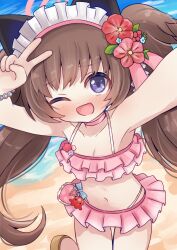  1girl animal_ears armpits beach bikini blue_archive blush brown_hair choker flower frilled_bikini frills hair_flower hair_ornament halo highres kanzashi loli long_hair looking_at_viewer maid_headdress navel one_eye_closed open_mouth pink_bikini pink_choker pink_halo purple_eyes sand shizuko_(blue_archive) shizuko_(swimsuit)_(blue_archive) solo swimsuit takatsurt twintails v very_long_hair 