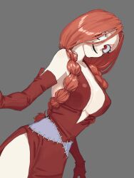  1girl backless_dress backless_outfit braid breasts cleavage dress elbow_gloves fairy_tail flare_corona gloves highres large_breasts long_hair looking_at_viewer red_dress red_eyes red_hair side_slit smile solo twin_braids yoshioka_suke 