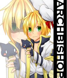  1boy animal animal_on_shoulder arch_bishop_(ragnarok_online) black_cat black_choker black_coat black_gloves blonde_hair bow cat cat_on_shoulder character_name choker closed_mouth coat commentary_request cropped_jacket fingerless_gloves gloves green_eyes hair_between_eyes hat hat_bow jacket long_sleeves looking_at_viewer male_focus meiko_(nattu303) ragnarok_online red_bow shaded_face short_hair simple_background smile solo upper_body white_background white_hat white_jacket 