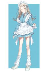  1girl apron courreges_ace expressionless flat_chest full_body gakuen_idolmaster grey_hair highres idolmaster jersey_maid long_hair looking_at_viewer loose_socks maid maid_headdress orange_eyes shinosawa_hiro socks solo unconventional_maid 