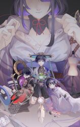  1girl 3boys anemo_symbol_(genshin_impact) armor belt black_background black_belt black_bodysuit black_bow black_bridal_gauntlets black_hair black_hat black_kimono black_leggings black_shorts blue_cape blue_gemstone blue_hat blue_kimono blue_sleeves blunt_ends bodysuit bow breasts bridal_gauntlets brown_mask cape ce5_ez cleavage clenched_hand closed_eyes closed_mouth clothing_cutout colored_inner_hair covered_collarbone electro_symbol_(genshin_impact) eyeliner eyeshadow facing_to_the_side facing_viewer feathers furisode gem genshin_impact giant giantess gnosis_(genshin_impact) gold gold_ring gold_trim grey_veil hakama hakama_shorts hand_on_own_stomach hat highres holding japanese_armor japanese_clothes jewelry jingasa juban kariginu katsuragikiri_nagamasa_(genshin_impact) kimono kneeling kote kurokote lace layered_sleeves leaf leaning_on_person leggings long_sleeves looking_at_viewer makeup mandarin_collar maple_leaf mask_on_hat middle_ring mitsudomoe_(shape) mother_and_son multicolored_hair multiple_boys multiple_persona neck_ring needle obi obiage obijime off_shoulder open_clothes open_hand open_kimono pelvic_curtain pink_lips pleated_shorts pom_pom_(clothes) purple_eyes purple_hair purple_kimono purple_rope purple_sash purple_shrug purple_sleeves purple_veil raiden_shogun red_eyeliner red_eyeshadow red_hat red_kimono rope sash scaramouche_(genshin_impact) scaramouche_(kabukimono)_(genshin_impact) see-through_clothes see-through_veil sewing_needle short_sleeves shorts shoulder_cutout shoulder_peek single_sode sitting streaked_hair string stuffed_toy sword tassel tomoe_(symbol) two-tone_hat unconscious unworn_hat unworn_headwear veil wanderer_(genshin_impact) weapon white_kimono white_sleeves wide_sleeves yarn yellow_feathers 