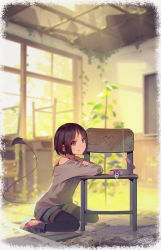 1girl :q absurdres black_thighhighs brown_hair chair classroom closed_mouth dated demon_tail grey_eyes grey_sweater highres indoors loli miyu_(tiny_evil) muk_(monsieur) on_floor pink_shoes shoes short_hair signature sitting smile solo sweater tail thighhighs tiny_evil tongue tongue_out rating:Sensitive score:80 user:danbooru
