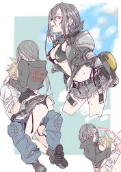  1boy 1girl ass baseball_cap belt between_breasts bikini black_bikini black_gloves black_hair black_jacket blonde_hair blue_pants blue_sky blush breast_pillow breasts cleavage closed_eyes cloud cloud_strife cloud_strife_(rider_style) cloudy_sky commentary_request couple cowboy_shot cropped_legs earrings final_fantasy final_fantasy_vii final_fantasy_vii_ever_crisis frayed_skirt full_body gloves goggles goggles_around_neck grey_skirt hand_on_another&#039;s_ass hand_on_another&#039;s_waist hat head_between_breasts heart hetero highleg highleg_bikini highres hug jacket jewelry large_breasts leg_lock long_hair miniskirt multiple_views navel official_alternate_costume open_clothes open_jacket oshibainoticket pants parted_lips red_eyes shirt side-tie_bikini_bottom single_earring sitting sitting_on_lap sitting_on_leg sitting_on_person skirt sky spiked_hair stomach swimsuit tifa_lockhart tifa_lockhart_(lifeguard) torn_clothes torn_pants torn_shirt unworn_hat unworn_headwear upper_body wet white_shirt 