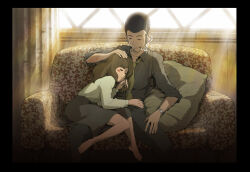  1boy 1girl arsene_lupin_iii black_hair black_shirt brown_hair castle_of_cagliostro cigarette clarisse_de_cagliostro closed_eyes collared_shirt couch grey_skirt hand_on_another&#039;s_head head_on_chest kuzu light_smile long_hair long_sleeves lupin_iii necktie on_couch pillow shirt sideburns sidelocks sitting sitting_on_lap sitting_on_person skirt smoking watch white_shirt wing_collar wristwatch yellow_necktie 