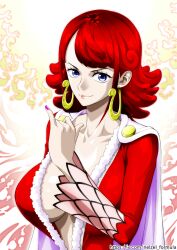  1girl breasts cape cleavage earrings highres jewelry long_sleeves looking_at_viewer nail_polish nel-zel_formula one_piece open_clothes open_shirt purple_eyes purple_nails red_hair red_shirt shirt short_hair smile snake_earrings solo tritoma_(one_piece) 