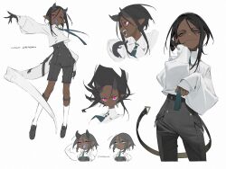  1boy amrkdrw black_horns black_shoes black_shorts blue_eyes blue_necktie check_gender commentary cropped_legs dark-skinned_male dark_skin dragon_girl fang floating_hair gender_request high-waist_shorts highres horns kneehighs looking_at_viewer multiple_views necktie original pink_eyes sharp_teeth shirt shoes short_hair_with_long_locks shorts simple_background sleeves_past_wrists smile smug socks symbol-only_commentary teeth very_dark_skin white_background white_shirt white_socks white_tail 