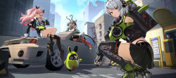  1boy 3girls absurdres all_fours anby_demara animal_ears belted_skirt billy_kid black_hair black_ribbon black_shorts black_skirt boots breasts cable cable_tail car cat_ears cat_girl cat_tail chiyikoupangsanjin clothing_cutout corset crop_top cyborg dark-skinned_female dark_skin eous_(zenless_zone_zero) facial_mark fingerless_gloves forehead_mark full_body gloves green_eyes green_jacket green_sleeves grey_hair hair_ornament hairband hairclip headphones highres incredibly_absurdres jacket large_breasts long_hair long_sleeves looking_at_viewer mask mechanical_tail mole mole_on_thigh mole_under_eye motor_vehicle multiple_girls multiple_tails nekomata nekomiya_mana nicole_demara on_car one_eye_closed open_mouth orange_eyes outdoors pink_hair red_corset red_eyes red_hairband red_jacket ribbon robot robot_boy short_hair shorts shoulder_cutout skirt sleeveless sleeveless_jacket smile spiked_hair spiked_jacket squatting strapless tail thigh_strap thighhighs triangle tube_top two_tails white_hair white_tube_top zenless_zone_zero 