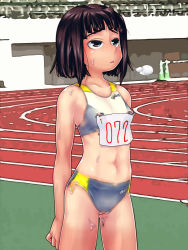 1girl blush bodypaint brown_eyes brown_hair buruma exhibitionism false_clothes female_focus flat_chest full-face_blush navel nipple_piercing nipples nude original painted_clothes piercing public_indecency purple_hair pussy raplus rauff08izowuff09+ running_track safety_pin short_hair solo sports_bra sweat rating:Explicit score:171 user:danbooru